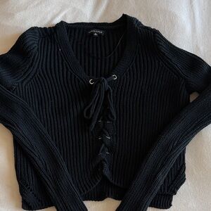 Kendal and Kylie Black V-Neck Lace-Up Sweater